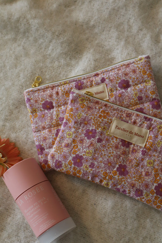 Pochette matelassée artisanale en coton - fait main tissu fleuri
