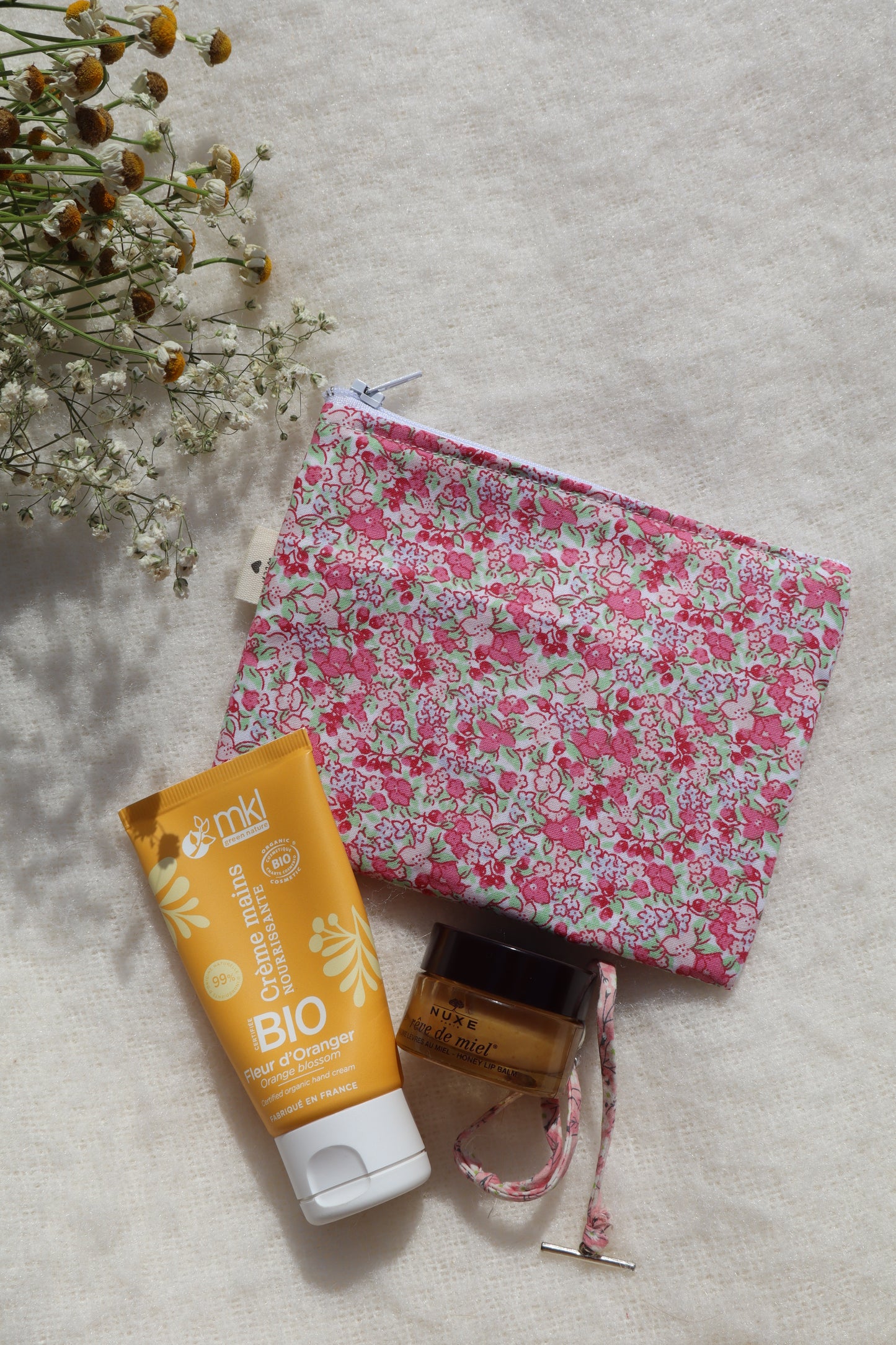 Pochette artisanale en coton - fait main tissu fleuri rose
