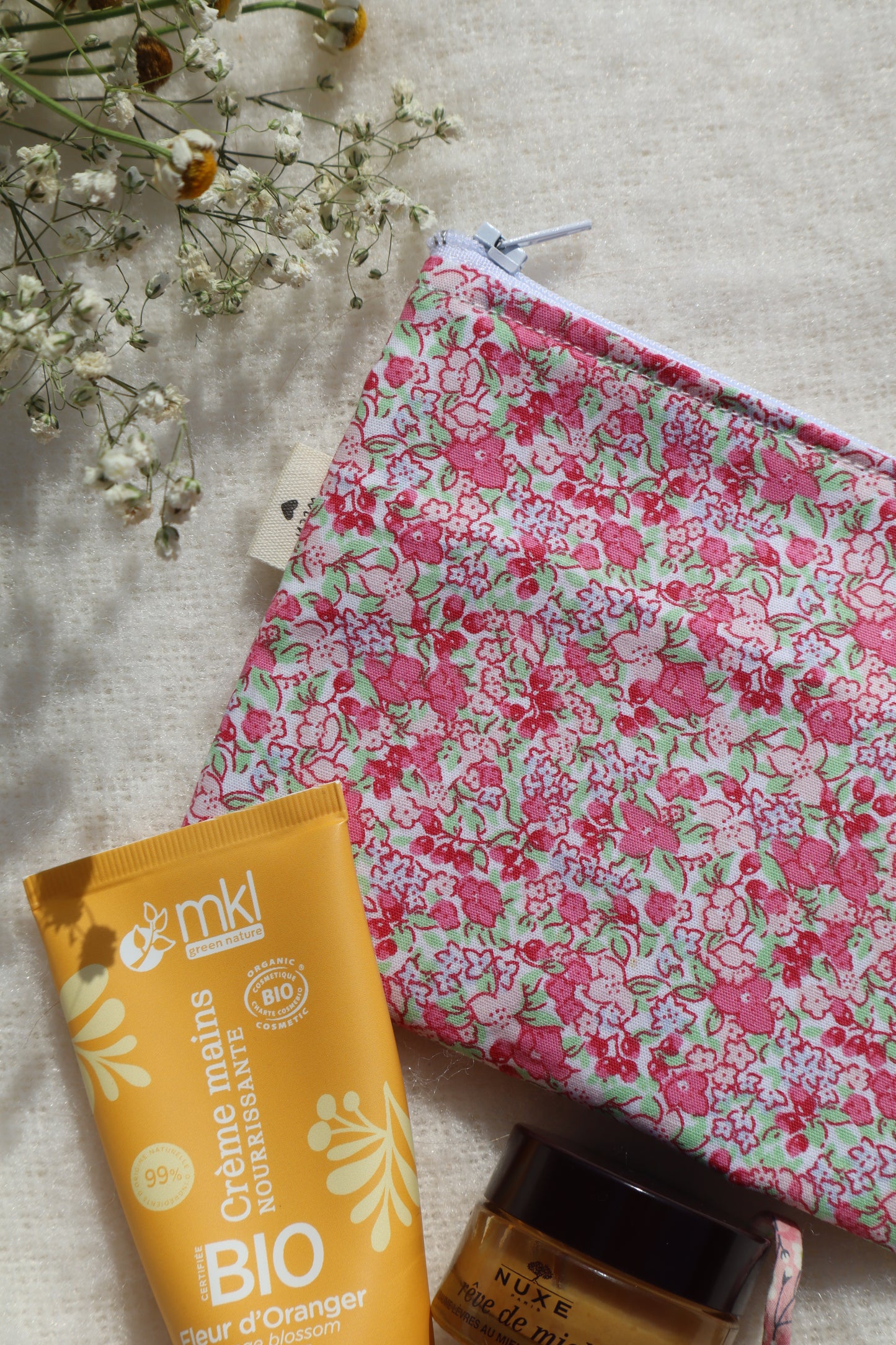 Pochette artisanale en coton - fait main tissu fleuri rose