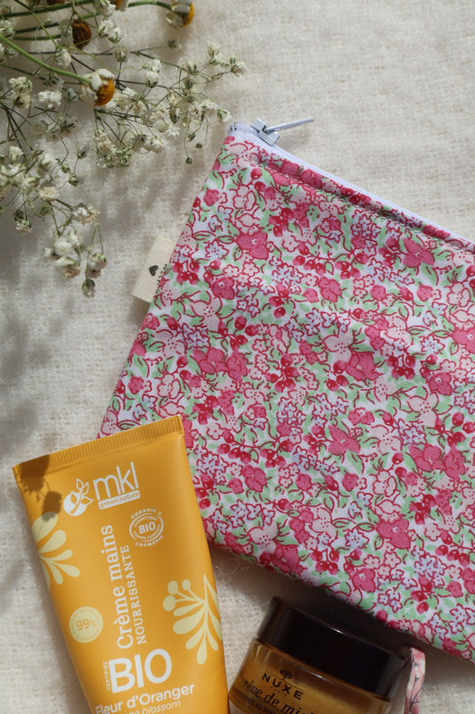 Pochette artisanale en coton - fait main tissu fleuri rose