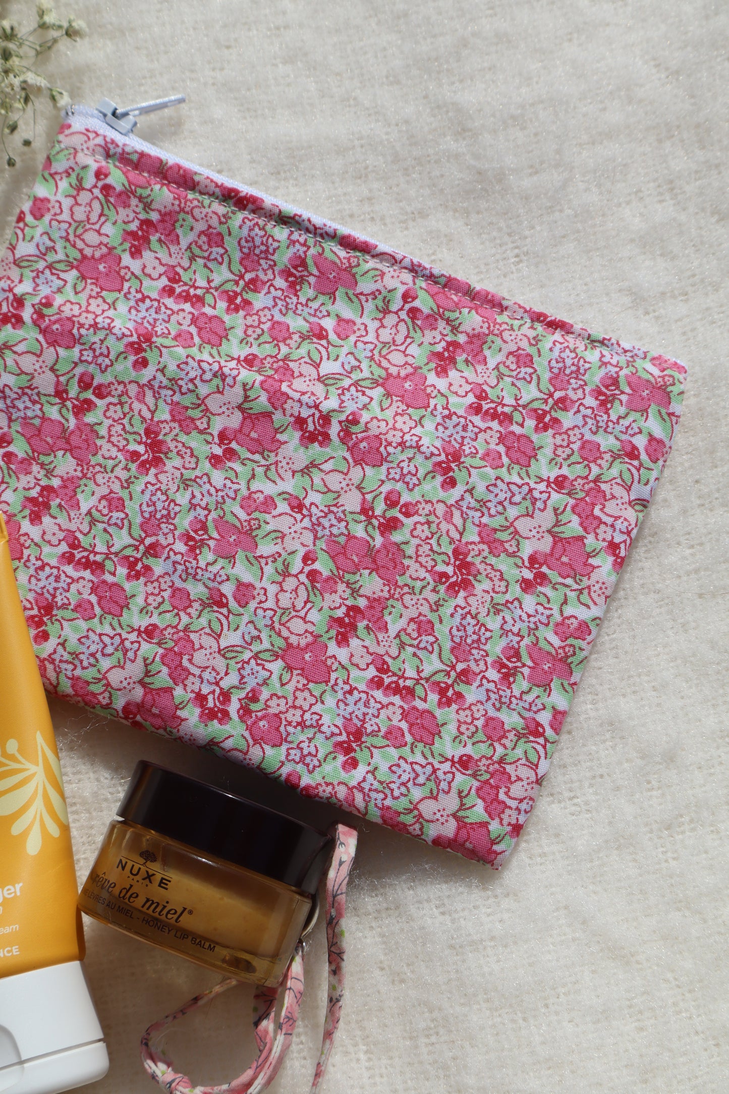 Pochette artisanale en coton - fait main tissu fleuri rose