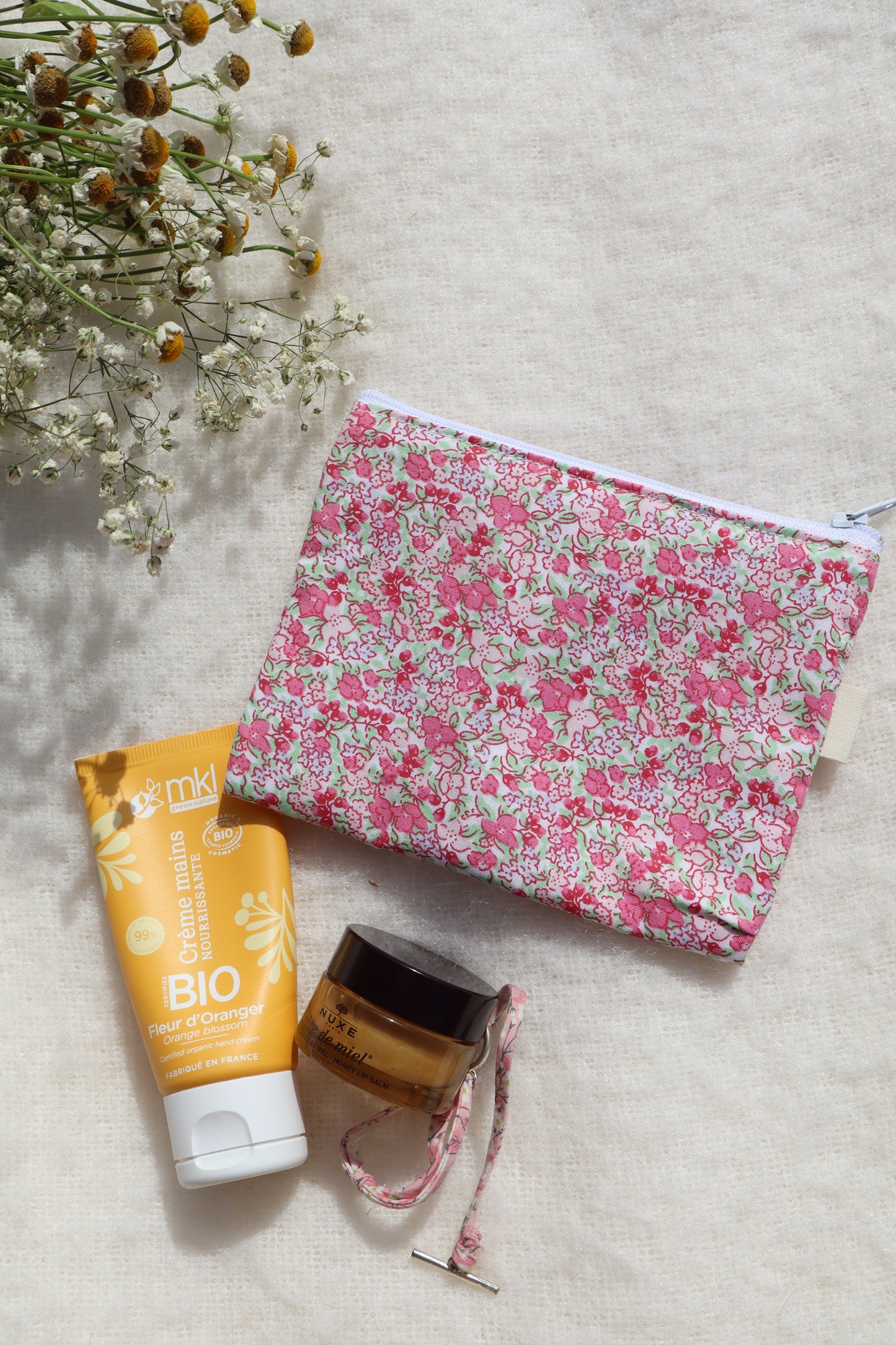 Pochette artisanale en coton - fait main tissu fleuri rose