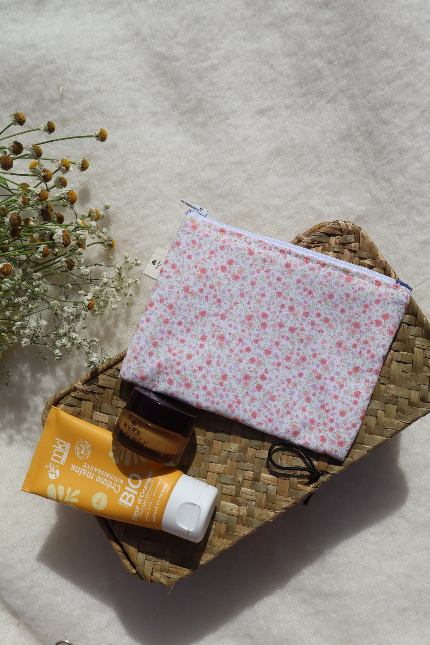 Pochette artisanale en coton - fait main tissu fleuri