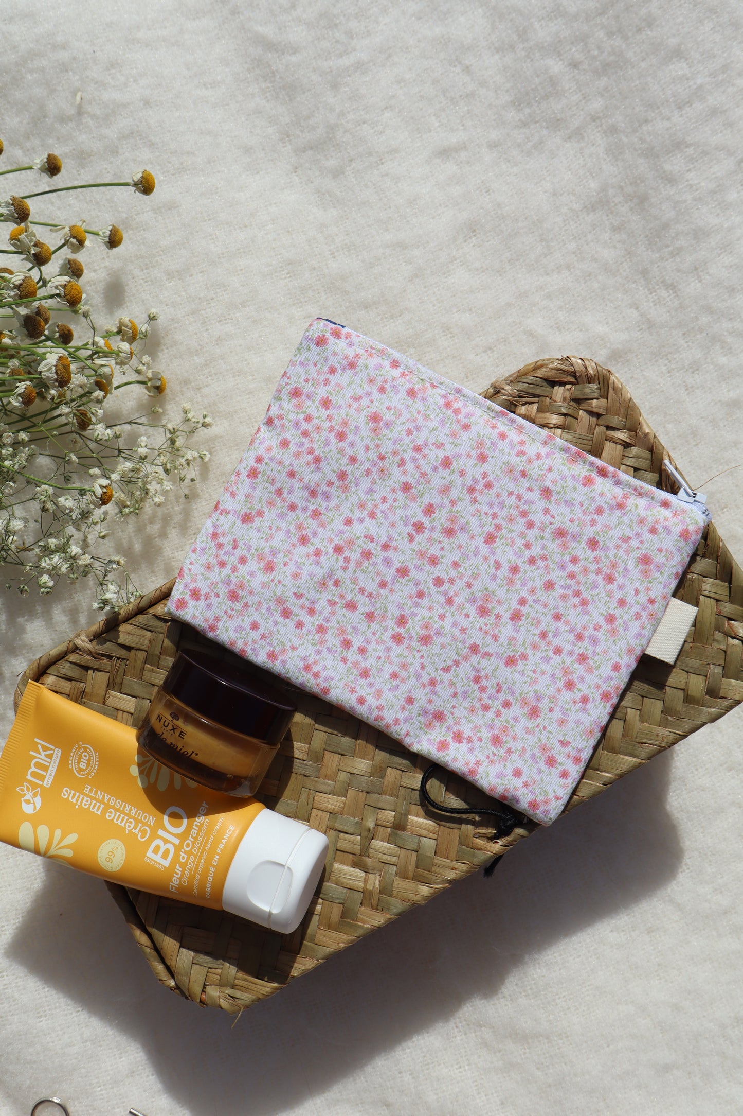 Pochette artisanale en coton - fait main tissu fleuri